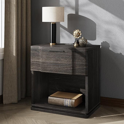 Nightstand with Charging Station, Wooden Curved Night Stand Bedside Table with Storage Shelf & Drawer, Large Mid Century Modern Accent End Table for Bedroom Living Room Office, Black and Gray