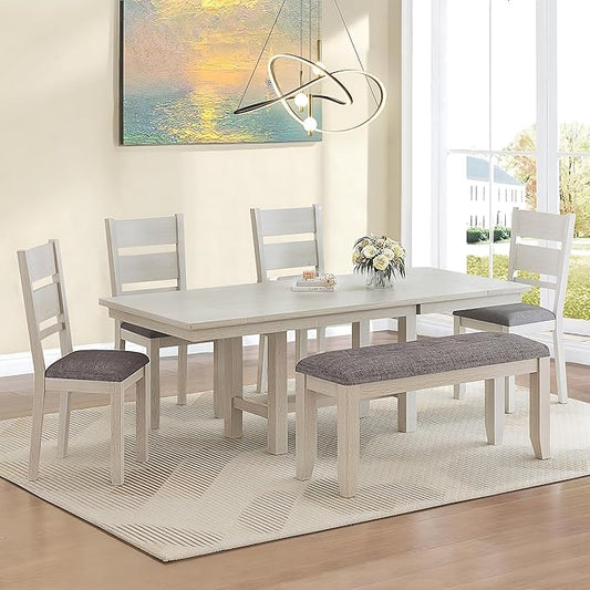 6-Piece Solid Wood Dining Table Set for 6, Extendable Table with 4 Upholstered Chairs and 1 Bench– Easy Assembly for Indoor Use, Kitchen, Dining Room, Grey