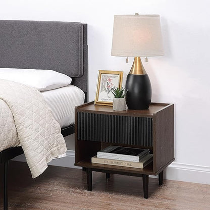 Manhattan Comfort Duane Modern Ribbed Nightstand, Bedside Table with Full Extension Drawer and Open Shelf, Industrial Chic Living Room and Bedroom Furniture, Black