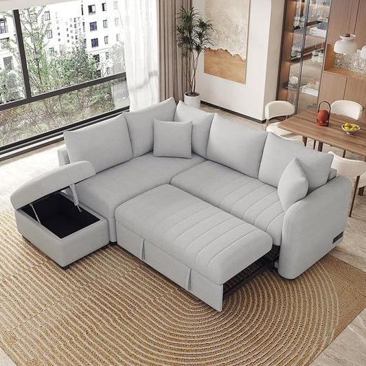 Ball & Cast L-Shaped Sectional Pull Out Sofa with Two USB Ports,4-Seater Convertible Couch w/Power Sockets and Movable Storage Ottoman,for Living Room,Apartment,Grey