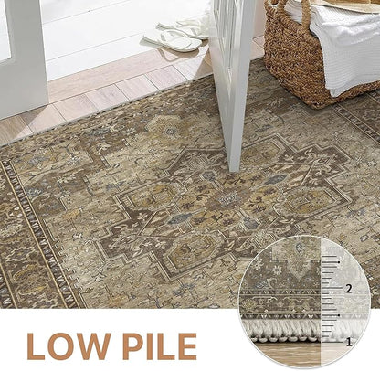 GENIMO 6x9 Area Rugs for Living Room, Machine Washable Non Slip Vintage Rugs, Low Pile Lightweight Chenille Print Rug for Bedroom, Dining Room, Home Office, Rustic Brown
