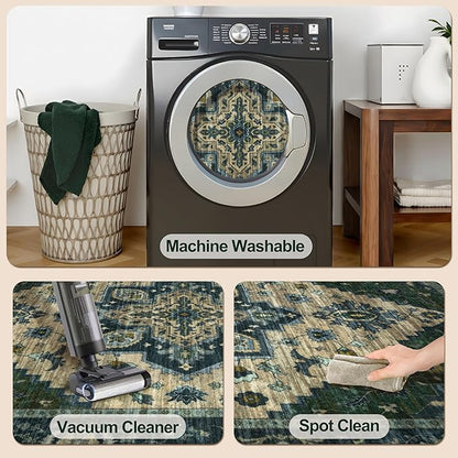 Tangsoo Washable Runner Rug, 2x6 Runner Rugs for Hallways, Non Slip Vintage Rug, Soft Low Pile Long Print Distressed Carpet Runners for Kitchen Bedroom Entryway Bathroom Living Room Green