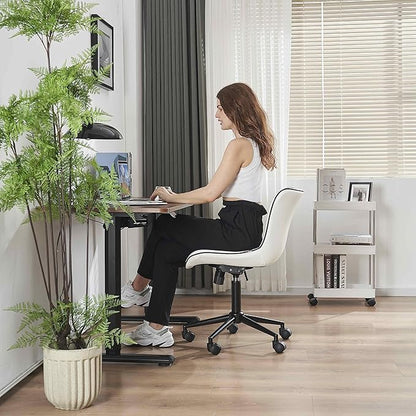 YOUNIKE Home Office Desk Chair with Wheels Armless Vanity Chair with Back Comfy Modern Leather Upholstered Rolling Task Chair Swivel Small Cute Computer Chair No Arms Wide Adjustable Ergonomic White