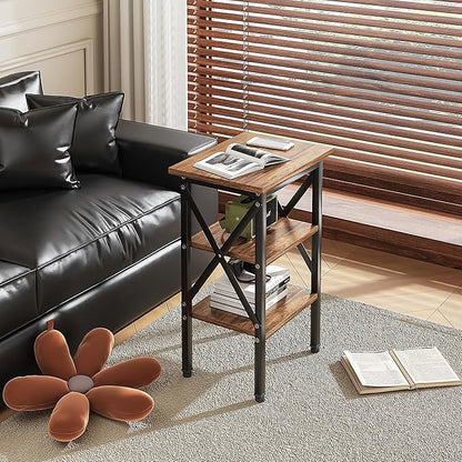 VECELO End Table Set of 2, Bedside Table, 24" Tall Living Room End Tables, X-Design Reinforced Nightstands, Side Table with 3-Tier Storage Shelves for Small Spaces, Office, Bedroom, Rustic Brown