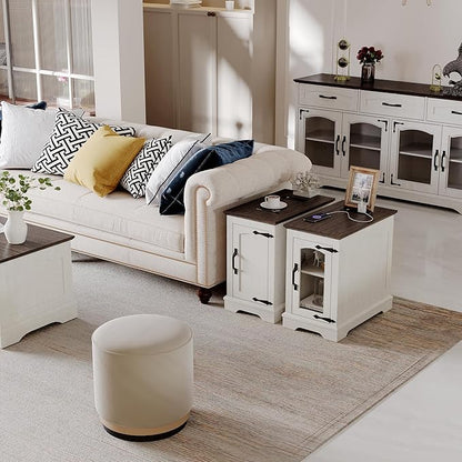 Narrow Side Table with Charging Station,13.8" W End Table with Storage for Sofa Couch or Bed Side with Outlets & USB Ports, Farmhouse Nightstand for Bedroom Livingroom (Glass,White & Walnut)