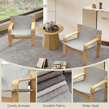 Ball & Cast Mid-Century Lounge Living Room Chairs,Accent Chair Wide Armrest with Comfortable Linen Fabric Armchair & Rubber Wood Frame,Detachable and Washable Seating Furniture for Reading,Light Grey