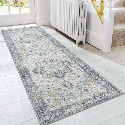 GENIMO Runner Rug 2'6''x8, Non Slip Vintage Hallway Runner Rugs, Low Pile Lightweight Machine Washable Mat for Hallway, Entryway, Bedroom, Kitchen and Corridor, Blue
