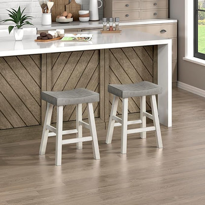 Lexicon Saddle Bar Stools Set of 2 Barstools with Footrest, Armless Dining Chairs for Kitchen Island, Breakfast Nook, Living Room, Counter Height, White/Coffee