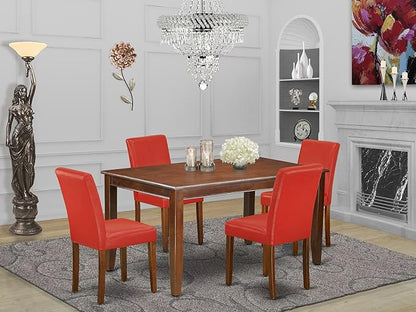 East West Furniture DUAB5-MAH-72 5 Piece Dinette Set for 4 Includes a Rectangle Dining Table and 4 Firebrick Red Faux Leather Parson Dining Room Chairs, 36x60 Inch, Mahogany