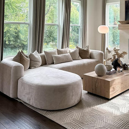 Acanva Luxury Modern Tight Curved Back Velvet Sofa, Minimalist Style Comfy Couch for Living Room Apartment, L-Shaped Sectional with Left Chaise, Cream