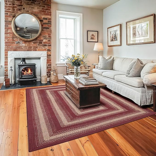 Autumn Maple Burgundy and Tan Braided Area Rug, Jute, 6x9' Rectangle - Rustic Primitive Decor for Dining Room, Living Room, Everywhere