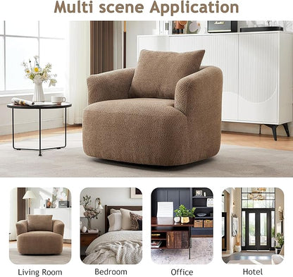 Merax Modern Cozy Chenille 360° Swivel Sofa Chair with a Throw Pillow, 38.2" Upholstered Leisure Barrel Accent Armchair with Deep Seating for Living Room Bedroom,Office, Hotel, Dark Brown