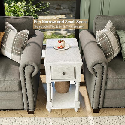 Narrow End Table with Drawer and Open Storage Shelf, Solid Wood Sofa Side Table for Living Room, Beside Table,Telephone Table for Small Spaces,No-Tools Assembly Vintage White BBJ004RW