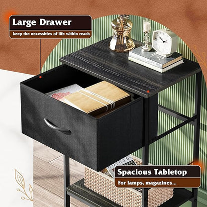 WLIVE Black Nightstand, Bedside Table with Fabric Storage Drawer, Open Wood Shelf, Night Stand for Bedroom Furniture, End Table for Dorm, Entryway, 25.03" Height