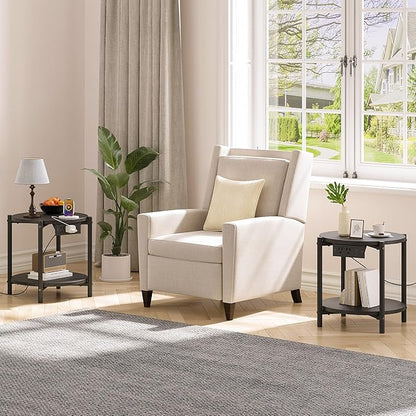 LIKIMIO Small Round End Tables Set of 2 with Charging Station, 2-Tier Wooden Side Tables, 15.8" W Modern Nightstands for Small Spaces, Living Room, Bedroom, Black