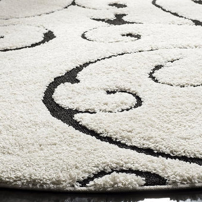 SAFAVIEH Florida Shag Collection 8' Round Ivory/Black SG455 Scrolling Vine Graceful Swirl Textured Non-Shedding Living Room Bedroom 1.2-inch Thick Area Rug