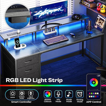 Huuger 55 Inch Computer Desk with Power Outlets and LED Lights, Gaming Desk with 4 Drawers, Office Desk with Monitor Stand, Study Work, Home Office, Gray