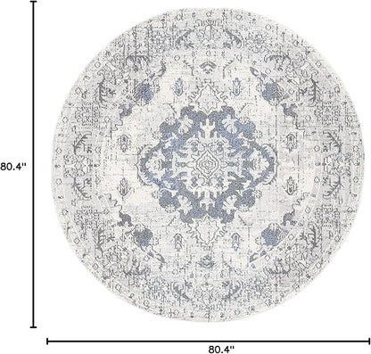 SAFAVIEH Monaco Collection Area Rug - 6'7" Round, Ivory & Grey, Boho Chic Medallion Distressed Design, Non-Shedding & Easy Care, Ideal for High Traffic Areas in Living Room, Bedroom (MNC243B)
