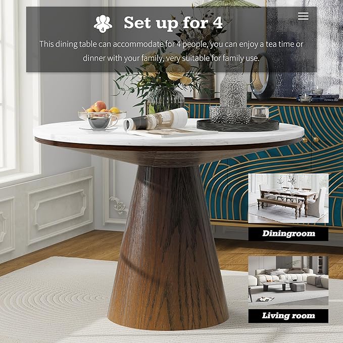 Wooden Kitchen Round Dining Table for 4-6, Round Kitchen Table with Circular Tabletop with Wood Pedestal Base, Rustic Farmhouse Furniture