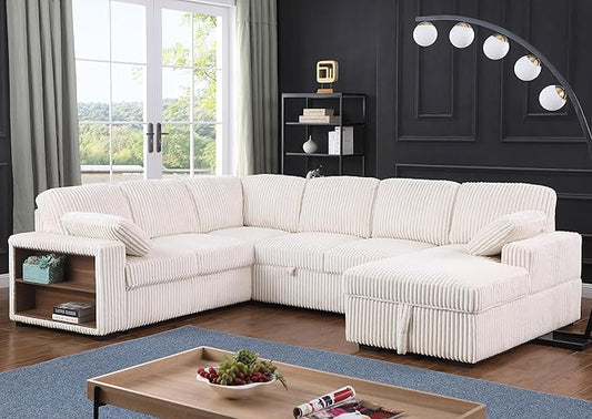 Eafurn Oversized Convertible U Shaped Sleeper Sectional Sofa Pull Out Couch Bed, 6 Seater Corduroy Upholstered Pullout Lounge Sofa Couch Sofabed w/Storage Chaise, Shelves for Living Room Apartment