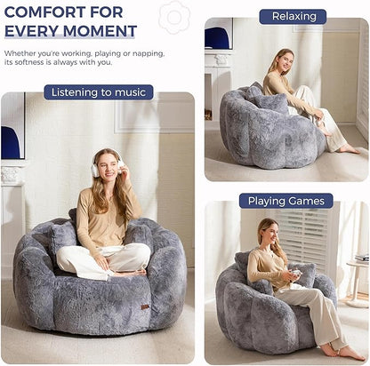 MAXYOYO Bean Bag Chair with 3 Pillows, Oversized Floral Shaped Bean Bag Sofa for Adults, Ultra Soft Faux Fur Floor Sofa, Large Stuffed Reading Chair for Living Room Bedroom, Grey