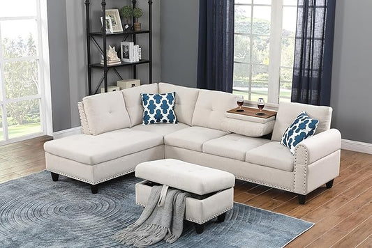 Evan Sectional Sofa or Couch with Ottoman for Living Room, Apartment, Bedroom, Office