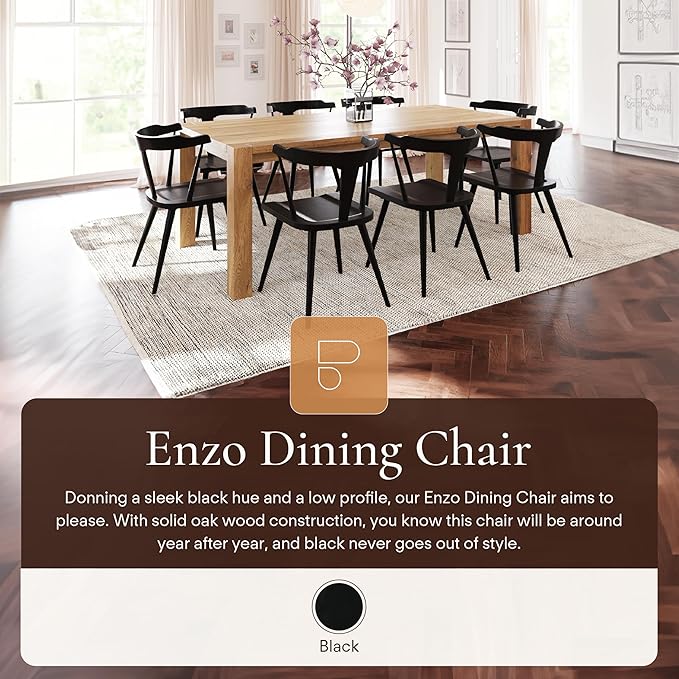 POLY & BARK Mid Century Modern Enzo Black Dining Chair – Solid Oak Wood Splat Back Chair, 18" Seat Height, 32" Tall – Stylish MCM Kitchen & Dining Room Chair - Set of 4
