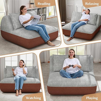 Hobestluk Small Sofa Couch Lounge Sofa Chair for Living Room, Comfy Memory Foam Couch, Mini Sofa with Side Pocket for Living Room, Bedroom (Terracotta+Light Grey)