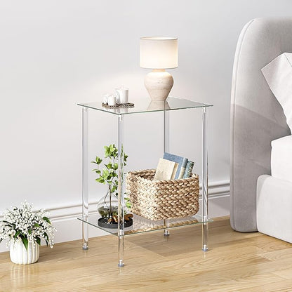 empered Glass Side Tables Set of 2 Acrylic End Table with 2 Storage Shelve transparent Bedside simplicity clear 2-Tier Nightstands small Spaces Office Bedroom Living Room Study Transparent ET-008TR