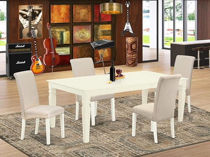 East West Furniture LGBA5-LWH-01 5 Piece Dinette Set Includes a Rectangle Dining Table with Butterfly Leaf and 4 Cream Linen Fabric Parson Dining Room Chairs, 42x84 Inch, Linen White