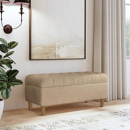 HomePop Home Decor | Tufted Ainsley Button Storage Ottoman Bench with Hinged Lid | Ottoman Bench with Storage for Living Room & Bedroom, Light Tan Textured Solid