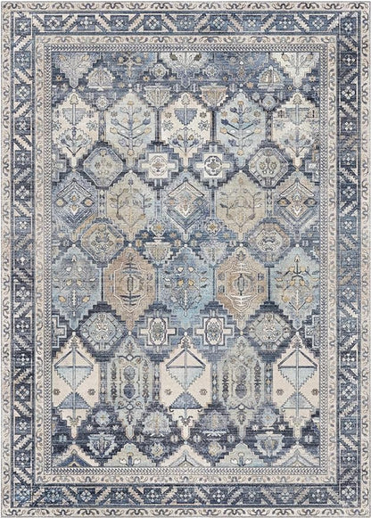 GENIMO 8x10 Area Rugs for Living Room, Machine Washable Non Slip Vintage Rugs, Low Pile Lightweight Chenille Print Rug for Bedroom, Dining Room, Home Office, Brown Blue
