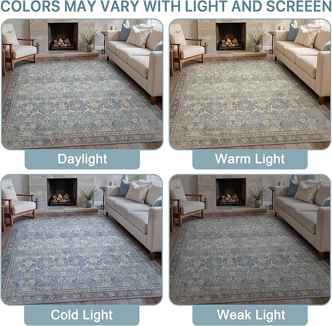9X12 Area Rugs Machine Washable Rugs for Living Room, Vintage Boho Large Rugs for Bedroom Dining Room, Non Slip Indoor Soft Distressed Lightweight Thin Low Pile Carpet, Vintage Blue