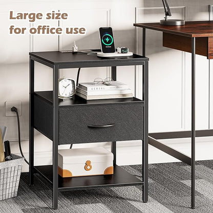 SUPERJARE Night Stand with Charger Station, 27.7 Inch Tall Nightstand with Adjustable Fabric Drawer, Bed Side Table, Fabric Drawer Dresser for Bedroom, Living Room, Black