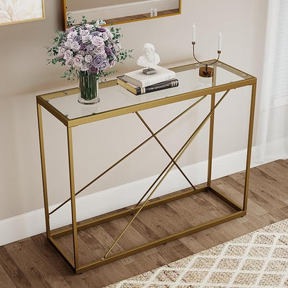 OIOG Glass Console Table for Entryway, Modern Sofa Table with Temperes Glass Tabletop and Golden Frame, Gold Entryway Table for Living Room, Foyer, Dining Room, Home Office