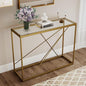 OIOG Glass Console Table for Entryway, Modern Sofa Table with Temperes Glass Tabletop and Golden Frame, Gold Entryway Table for Living Room, Foyer, Dining Room, Home Office