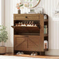 IRONCK Shoe Storage Cabinet with 2 Flip Drawers & Barn Door Design, Freestanding Shoe Cabinet Organizer with Drawer and Shelves for Entryway, Farmhouse Shoe Rack Cabinet,Dark Walnut