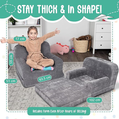ParkaLounger Children's Sofa 2-in-1 Convertible Chair & Sleeper - Durable Foam Keeps Its Shape - Lightweight, Portable with Handle - Soft, Sturdy & Cozy Seat for Lounging & Play, Gray, Medium