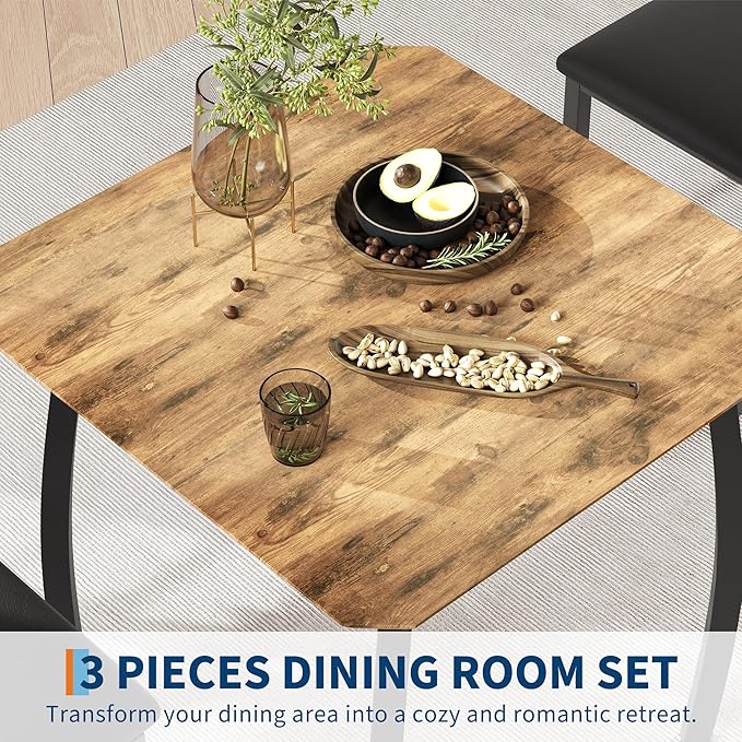 Small Dining Table Set for 2,3-Piece Kitchen Table Set with Thick Wood Grain Tabletop & 2 Upholstered Chairs & Metal Frame, Compact Table Set for Small Spaces, Kitchens & Dining Rooms (Brown)