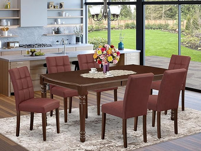 East West Furniture DOAS7-MAH-26 7 Piece Dining Table Set Contain A Dining Room Table and 6 Burgundy Polyester Fabric Upholstered Chairs, Mahogany