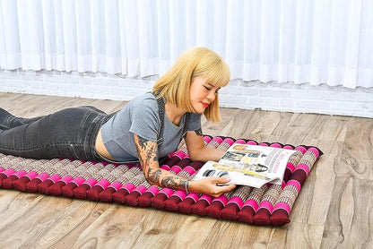 Leewadee - Foldable Floor Mattress - Japanese Roll Up Futon -Trifold Tatami Mat- Guest Floor Bed - Camping Mattress - Thai Massage Mat, Kapok Filled, 75 x 28 inches, Auburn Pink