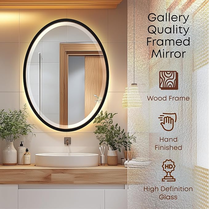 OVALCREST - Oval Wooden Beveled Wall Mirror for Home Decor, Bathroom, Vanity, Bedroom, Living Room, Hallway - London Style (Rubbed Black) 23.1 x 29.1