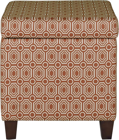 HomePop Upholstered Storage Cube Ottoman with Hinged Lid, Orange Geometric 17" x 17" x 18"