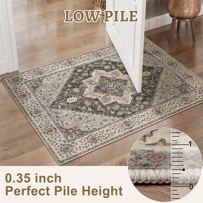 Tangsoo 3x5 Area Rug Vintage Washable Rugs Non Slip, Farmhouse Rugs Indoor Accent Rug Print Distressed Brown Grey Carpet, Soft Low Pile Rug for Living Room Bedside Entryway Bedroom