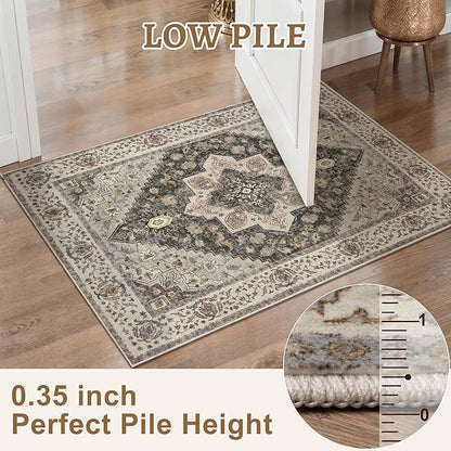 Tangsoo 3x5 Area Rug Vintage Washable Rugs Non Slip, Farmhouse Rugs Indoor Accent Rug Print Distressed Brown Grey Carpet, Soft Low Pile Rug for Living Room Bedside Entryway Bedroom
