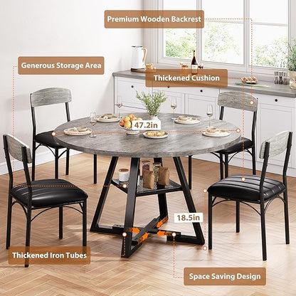 Round Dining Table Set for 4, Kitchen Table and Chairs for 4, Circle Table Round Pedestal Dining Room Dinner Dinette Table Set,5 Piece Space Saving Wood Kitchen & Dining Room Tables (Grey, 47In)