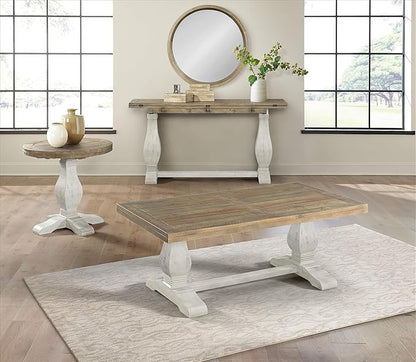 Napa Solid Wood Farmhouse Rustic Reclaimed Natural and White Stain Round End Side Accent Living Room Table, Nightstand Bedside 26" W x 26" D x 25" H
