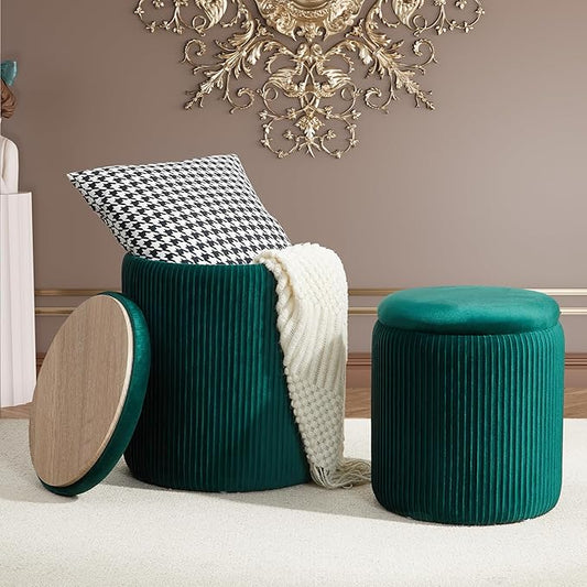 Royal Windsor Round Ottoman with Storage Set of 2,Vanity Stool with Storage for Bedroom, Ottoman Coffee Table, Small Velvet Foot Stool for Living Room, Green
