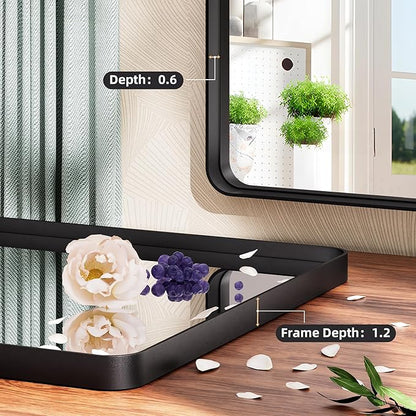 Hasipu Black Bathroom Mirror 50x40 Inch Rounded Rectangle Vanity Mirror Metal Framed Wall Mirrors Anti-Rust Surface Mount (Horizontal/Vertical)