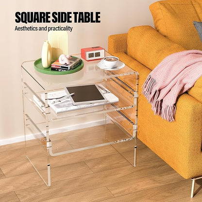 Acrylic 2-Tier Side Table with Storage Mini Modern End Table/Nightstand with Double Shelves for Bedroom, Living Room, and Bathroom Easy Assembly Clear